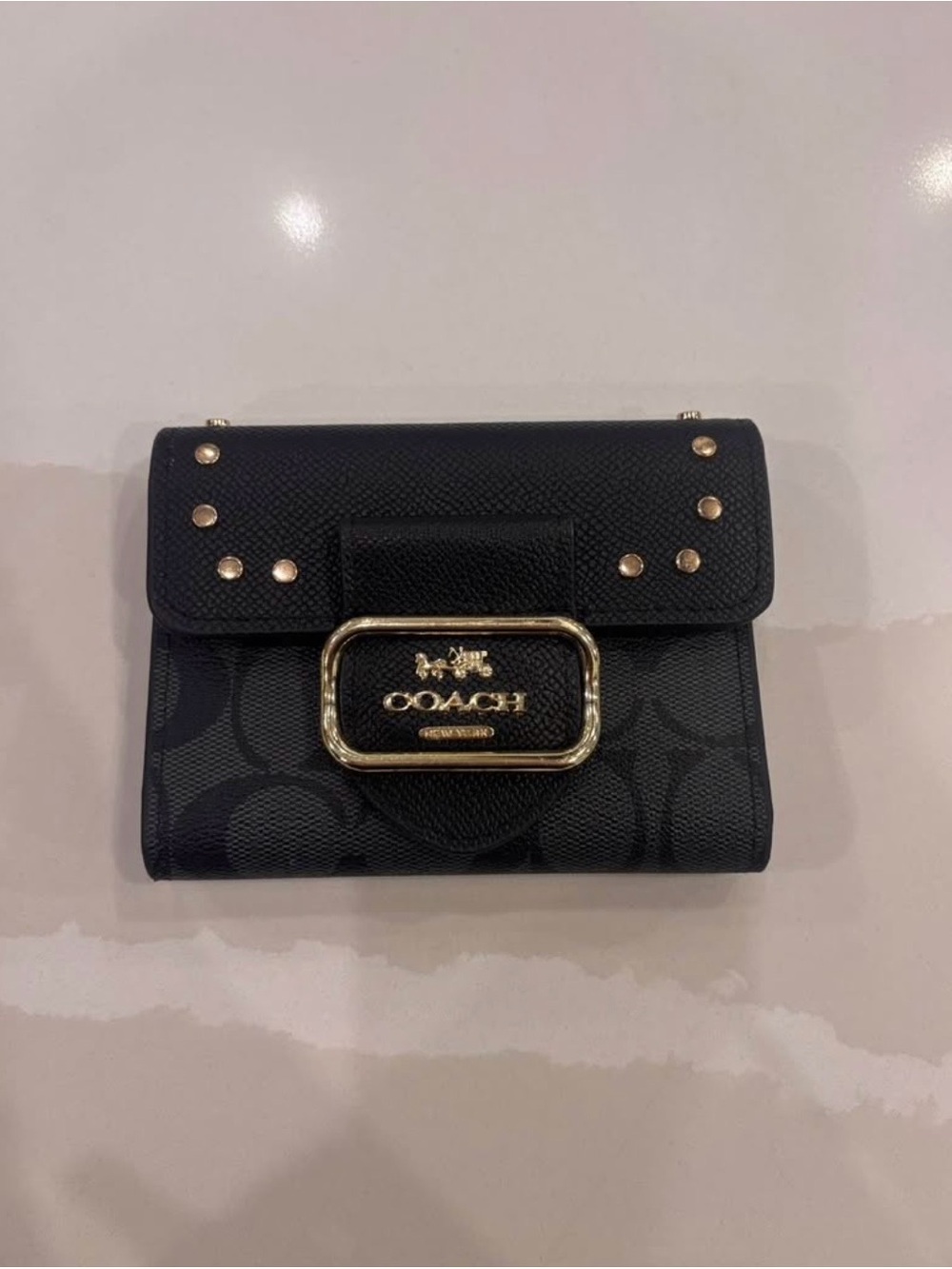 COACH Black Signature Small Flap Wallet with Gold Hardware